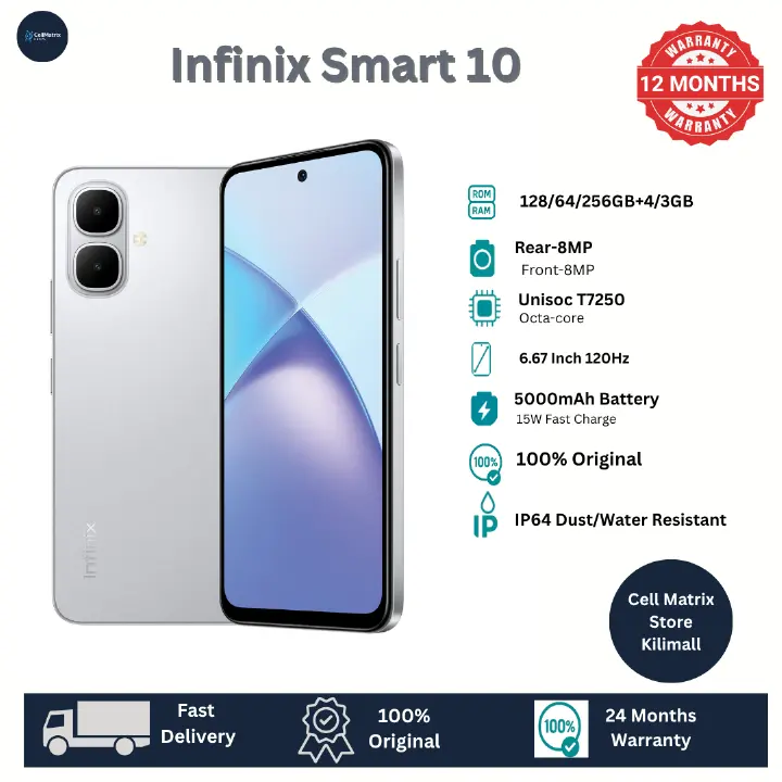[New Arrivals] Infinix SMART 10 64GB + 6(3+3)GB 6.67" 120Hz Display Dual SIM 4.5G Network 5000mAh Battery With Type-C Charging 8MP Camera IP64 Fingerprint Lock Android 14 AI Smart Phones