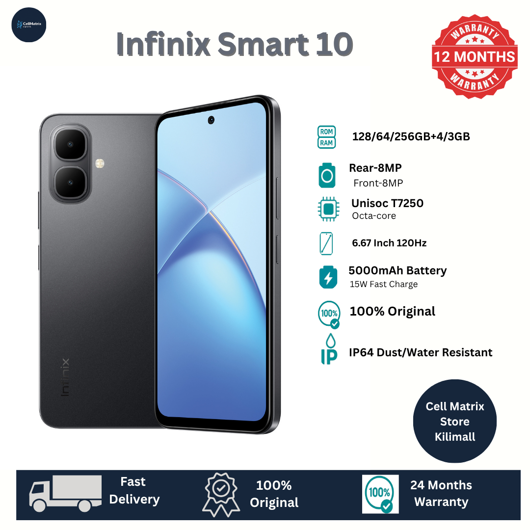 [New Arrivals] Infinix SMART 10 64GB + 6(3+3)GB 6.67" 120Hz Display Dual SIM 4.5G Network 5000mAh Battery With Type-C Charging 8MP Camera IP64 Fingerprint Lock Android 14 AI Smart Phones