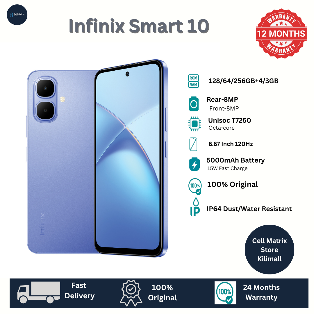 [New Arrivals] Infinix SMART 10 64GB + 6(3+3)GB 6.67" 120Hz Display Dual SIM 4.5G Network 5000mAh Battery With Type-C Charging 8MP Camera IP64 Fingerprint Lock Android 14 AI Smart Phones