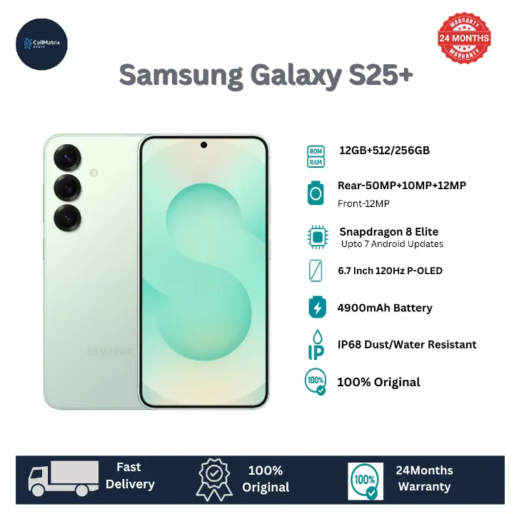 Samsung Galaxy S25+ 12GB+512GB 6.7" Dynamic LTPO AMOLED 2X 120Hz HDR10+ 50MP Camera 4900mAh Battery 45W Fast Charging 15W Wireless IP68 e-SIM Ultra-Sonic Fingerprint AI Smartphone S25 Plus