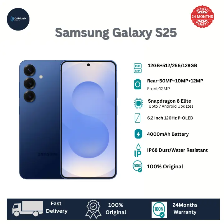 Samsung Galaxy S25 12GB+256GB 6.2" Dynamic LTPO AMOLED 2X 120Hz HDR10+ 50MP Camera 4000mAh Battery 25W Fast Charging 15W Wireless IP68 e-SIM Ultra-Sonic Fingerprint AI Smartphone S25