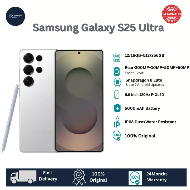 Samsung Galaxy S25 Ultra 12GB+256GB 6.9" Dynamic LTPO AMOLED 2X 120Hz HDR10+ 200MP Camera 5000mAh Battery 45W Fast Charging 15W Wireless IP68 e-SIM Ultra-Sonic Fingerprint AI Smartphone S25 A56