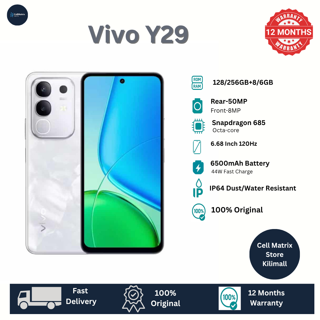[New Arrivals] Vivo Y29 4G 128GB+8GB 6.68" 120Hz Display 50MP+8MP Camera 6500mAh Battery 44W Fast Charging Dual SIM IP64 Water/Dust Resistant Snapdragon 685 SoC Android 15 AI Smartphone Phones