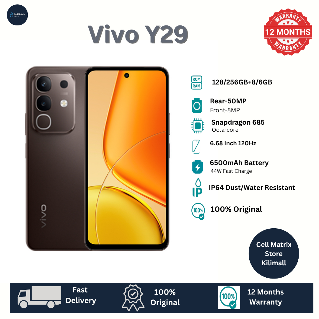 [New Arrivals] Vivo Y29 4G 128GB+8GB 6.68" 120Hz Display 50MP+8MP Camera 6500mAh Battery 44W Fast Charging Dual SIM IP64 Water/Dust Resistant Snapdragon 685 SoC Android 15 AI Smartphone Phones