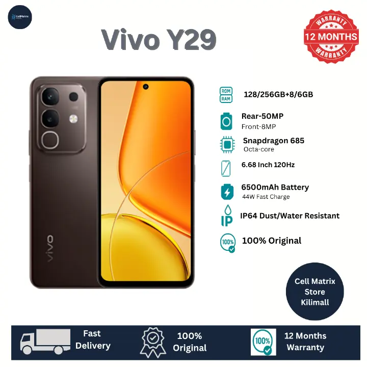 [New Arrivals] Vivo Y29 4G 128GB+8GB 6.68" 120Hz Display 50MP+8MP Camera 6500mAh Battery 44W Fast Charging Dual SIM IP64 Water/Dust Resistant Snapdragon 685 SoC Android 15 AI Smartphone Phones