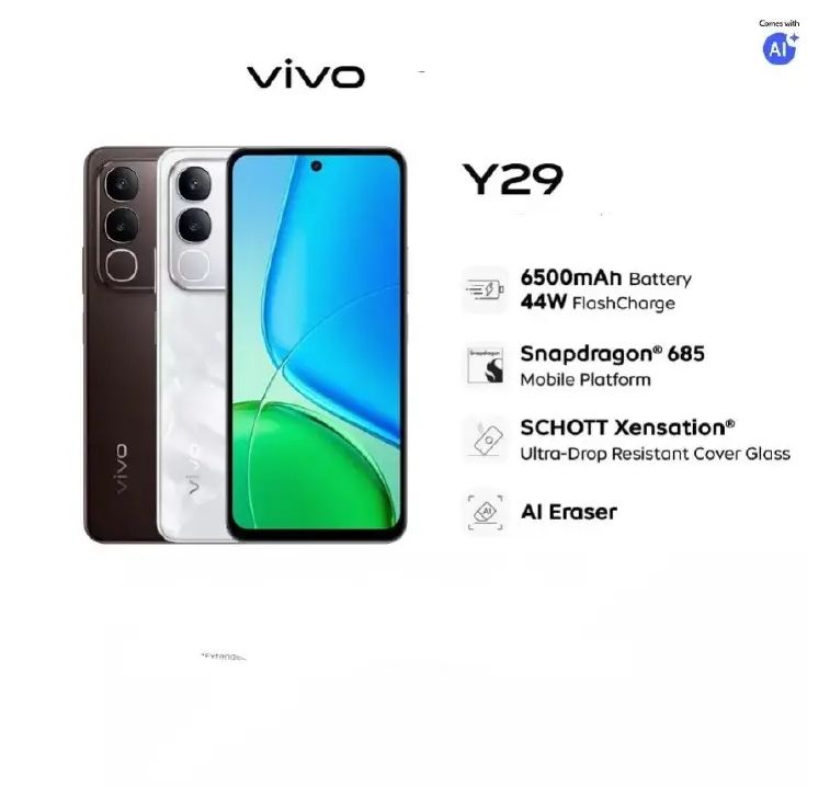 [New Arrivals] Vivo Y29 4G 128GB+8GB 6.68" 120Hz Display 50MP+8MP Camera 6500mAh Battery 44W Fast Charging Dual SIM IP64 Water/Dust Resistant Snapdragon 685 SoC Android 15 AI Smartphone Phones