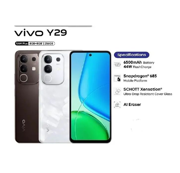 [New Arrivals] Vivo Y29 4G 128GB+8GB 6.68" 120Hz Display 50MP+8MP Camera 6500mAh Battery 44W Fast Charging Dual SIM IP64 Water/Dust Resistant Snapdragon 685 SoC Android 15 AI Smartphone Phones