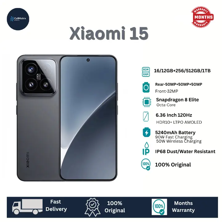 Xiaomi 15 12GB+512GB 6.36" HDR10+ LTPO AMOLED 120Hz Display 50MP Camera 5240mAh Battery 90W Wired Charging 50W Wireless Charging Snapdragon 8 Elite IP68 Redmi Note 14 Pro Plus Smartphone