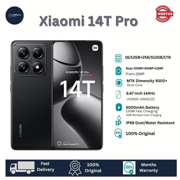 Xiaomi 14T Pro  512GB+12GB 6.67" HDR10+ 144Hz AMOLED Display 50MP Camera 5000mAh Battery 120W Fast Charging 50W Wireless Charging IP68 MTK Dimensity 9300+ SoC Redmi Note 14 Pro Plus Smartphone
