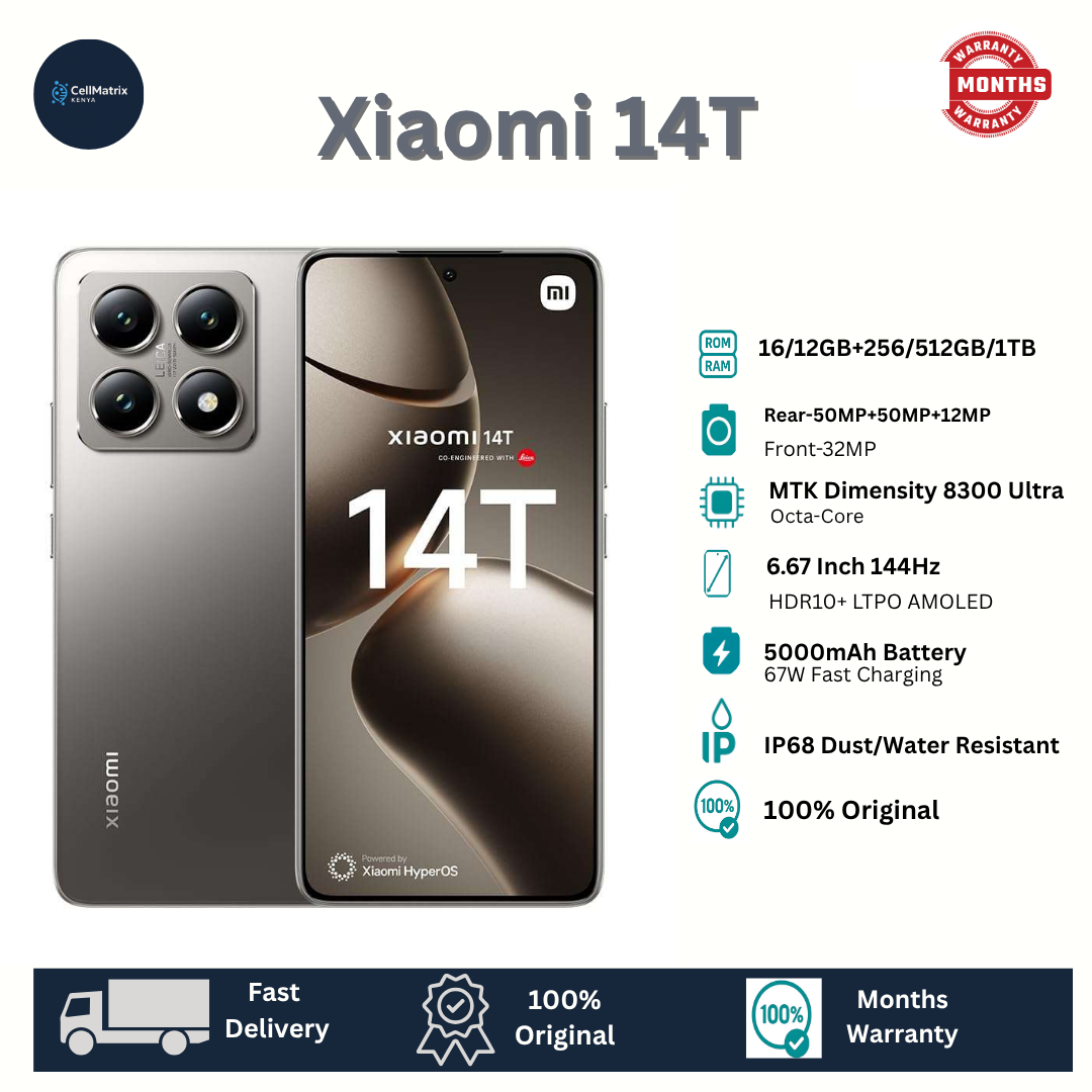 Xiaomi 14T 512GB+12GB 6.67" HDR10+ 144Hz AMOLED Display 50MP Camera 5000mAh Battery 67W Fast Charging IP68 MTK Dimensity 8300 Ultra Corning Gorilla Glass 5 SoC Smartphone