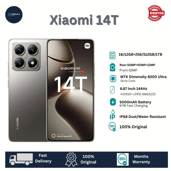 Xiaomi 14T 512GB+12GB 6.67" HDR10+ 144Hz AMOLED Display 50MP Camera 5000mAh Battery 67W Fast Charging IP68 MTK Dimensity 8300 Ultra Corning Gorilla Glass 5 SoC Smartphone