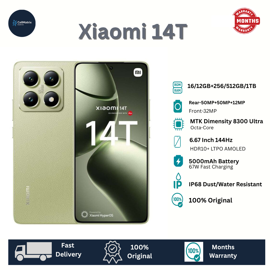 Xiaomi 14T 512GB+12GB 6.67" HDR10+ 144Hz AMOLED Display 50MP Camera 5000mAh Battery 67W Fast Charging IP68 MTK Dimensity 8300 Ultra Corning Gorilla Glass 5 SoC Smartphone