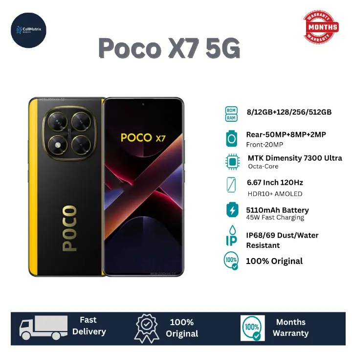 Xiaomi POCO X7 5G 512GB+12GB 6.67" Curved AMOLED 120Hz Display 50MP Camera 5110mAh Battery 45W Fast Charging IP68 Corning Gorilla Glass Victus 2 Dual SIM+e-SIM Redmi Note 14 Pro+ Plus SmartPhone