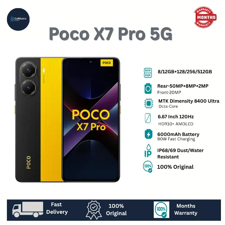 Xiaomi POCO X7 Pro 5G 512GB+12GB 6.67" AMOLED 120Hz Display 50MP Camera 6000mAh Battery 90W Fast Charging IP68/69 Corning Gorilla Glass 7i Dual SIM+e-SIM Redmi Note 14 Pro+ Plus SmartPhone