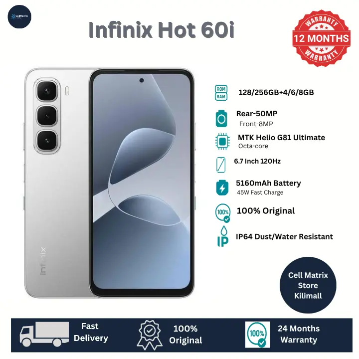 [New Arrival] Infinix Hot 60i 256GB+8GB 6.7" IPS LCD 120Hz Display 50MP Camera 5160mAh Battery 45W Fast Charging IP64 Dust/Water Resistant Dual SIM MTK Helio G81 Ultimate Bypass Charging AI Smartphone