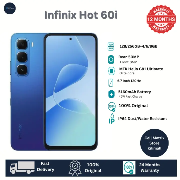 [New Arrival] Infinix Hot 60i 128GB+6GB 6.7" IPS LCD 120Hz Display 50MP Camera 5160mAh Battery 45W Fast Charging IP64 Dust/Water Resistant Dual SIM MTK Helio G81 Ultimate Bypass Charging AI Smartphone
