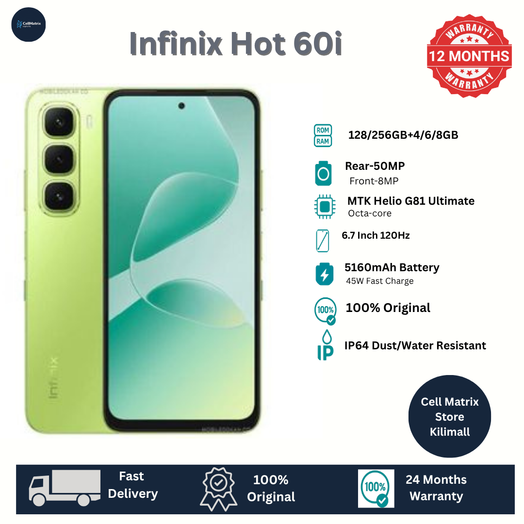 [New Arrival] Infinix Hot 60i 256GB+8GB 6.7" IPS LCD 120Hz Display 50MP Camera 5160mAh Battery 45W Fast Charging IP64 Dust/Water Resistant Dual SIM MTK Helio G81 Ultimate Bypass Charging AI Smartphone