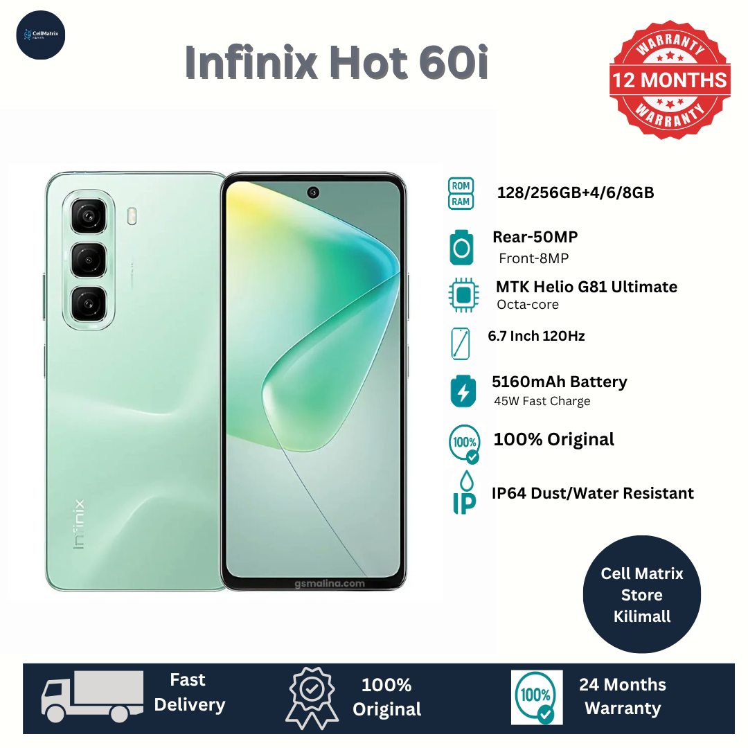 [New Arrival] Infinix Hot 60i 256GB+8GB 6.7" IPS LCD 120Hz Display 50MP Camera 5160mAh Battery 45W Fast Charging IP64 Dust/Water Resistant Dual SIM MTK Helio G81 Ultimate Bypass Charging AI Smartphone