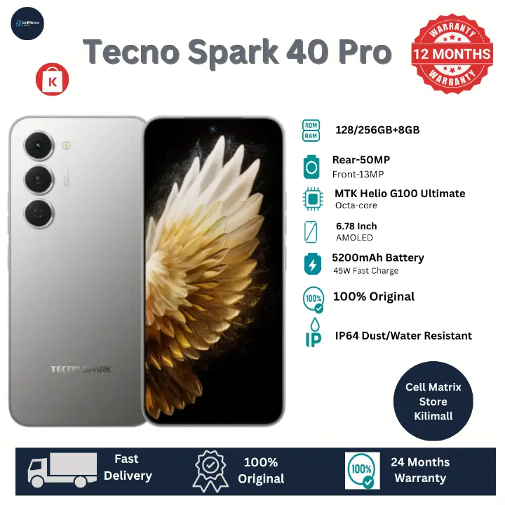 [Only Today] TECNO Spark 40 Pro 128GB+16(8+8)GB 6.78" 144Hz AMOLED Display 50+13MP Camera 5200mAh Battery 45W Fast Charge IP64 Dual SIM Corning Gorilla Glass 7i AI Android Smartphone MTK Helio G100