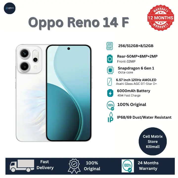 [New Arrival] Oppo Reno 14F 5G 512GB+12GB 6.57" 120Hz AMOLED 1400nits Display 50MP Rear Camera 6000mAh Battery 45W Fast Charging Superb Snapdragon 6 Gen 1 SoC IP68/69 Oppo Reno 14 F AI Smartphone