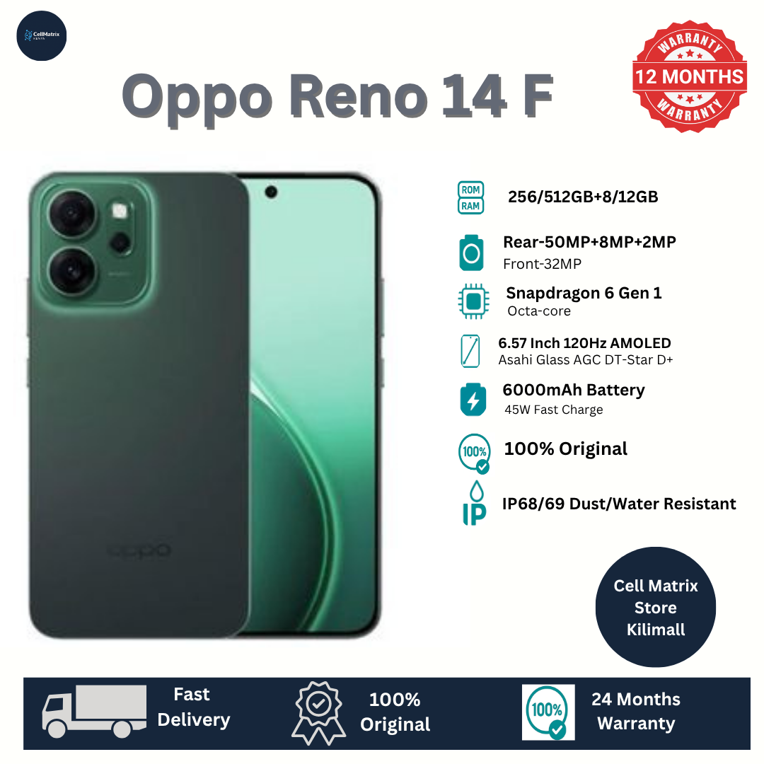[New Arrival] Oppo Reno 14F 5G 512GB+12GB 6.57" 120Hz AMOLED 1400nits Display 50MP Rear Camera 6000mAh Battery 45W Fast Charging Superb Snapdragon 6 Gen 1 SoC IP68/69 Oppo Reno 14 F AI Smartphone