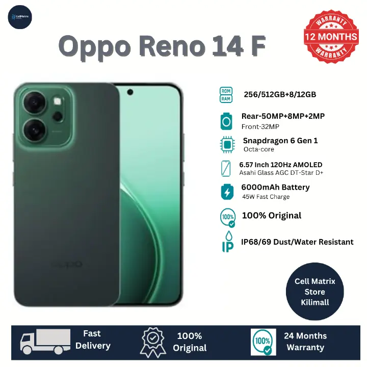[New Arrival] Oppo Reno 14F 5G 512GB+12GB 6.57" 120Hz AMOLED 1400nits Display 50MP Rear Camera 6000mAh Battery 45W Fast Charging Superb Snapdragon 6 Gen 1 SoC IP68/69 Oppo Reno 14 F AI Smartphone