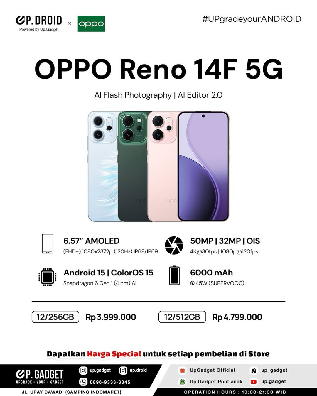 [New Arrival] Oppo Reno 14F 5G 512GB+12GB 6.57" 120Hz AMOLED 1400nits Display 50MP Rear Camera 6000mAh Battery 45W Fast Charging Superb Snapdragon 6 Gen 1 SoC IP68/69 Oppo Reno 14 F AI Smartphone