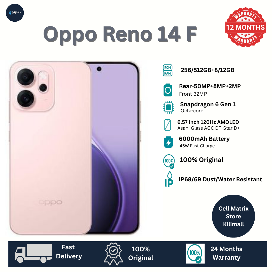 [New Arrival] Oppo Reno 14F 5G 512GB+12GB 6.57" 120Hz AMOLED 1400nits Display 50MP Rear Camera 6000mAh Battery 45W Fast Charging Superb Snapdragon 6 Gen 1 SoC IP68/69 Oppo Reno 14 F AI Smartphone