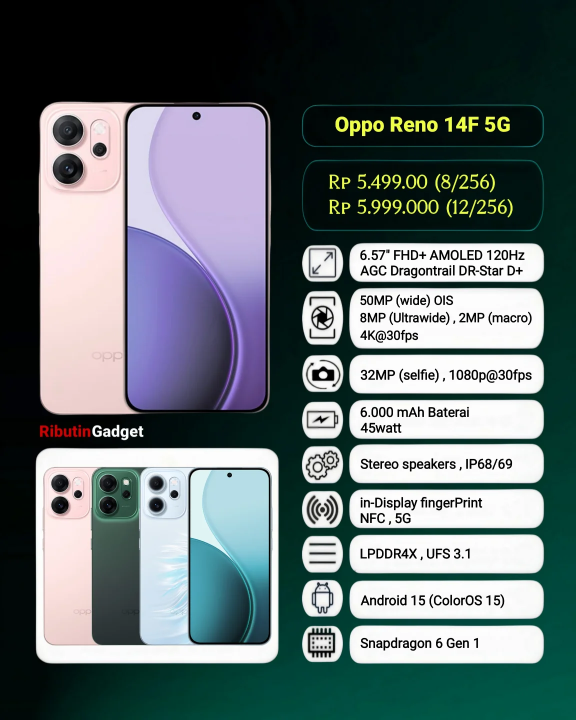 [New Arrival] Oppo Reno 14F 5G 512GB+12GB 6.57" 120Hz AMOLED 1400nits Display 50MP Rear Camera 6000mAh Battery 45W Fast Charging Superb Snapdragon 6 Gen 1 SoC IP68/69 Oppo Reno 14 F AI Smartphone