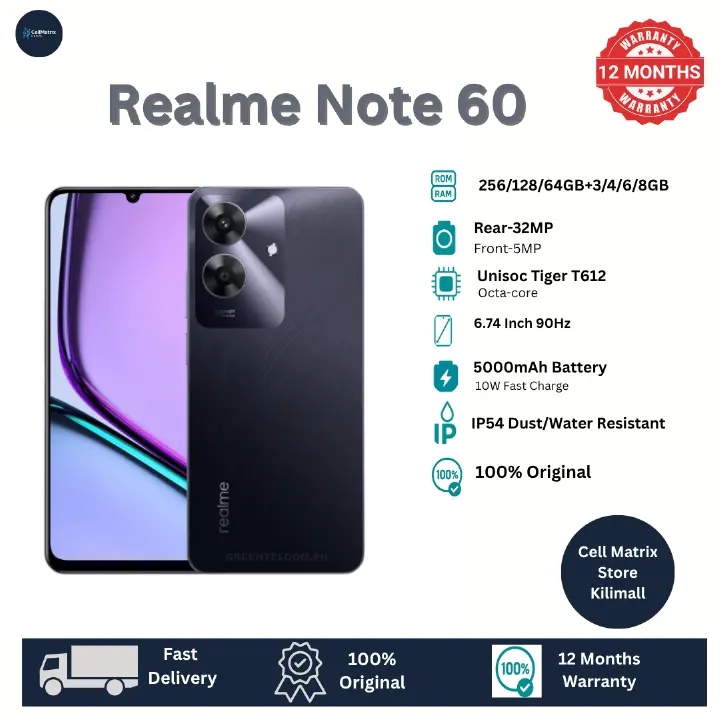 [New Arrival] Realme Note 60 256GB+8GB 6.74" IPS LCD 90Hz Display 32MP Rear Camera 5000mAh Battery 10W Fast Charging Dual SIM IP64 Die-Cast Aluminium Chasis Android AI Smartphones