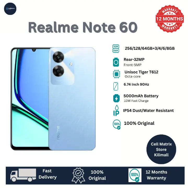 [New Arrival] Realme Note 60 256GB+8GB 6.74" IPS LCD 90Hz Display 32MP Rear Camera 5000mAh Battery 10W Fast Charging Dual SIM IP64 Die-Cast Aluminium Chasis Android AI Smartphones
