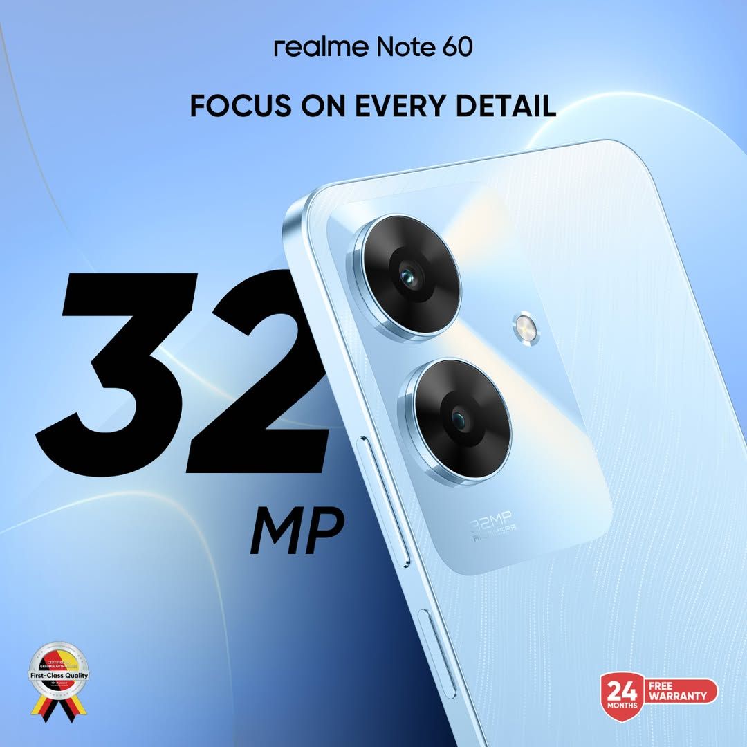 [New Arrival] Realme Note 60 256GB+8GB 6.74" IPS LCD 90Hz Display 32MP Rear Camera 5000mAh Battery 10W Fast Charging Dual SIM IP64 Die-Cast Aluminium Chasis Android AI Smartphones