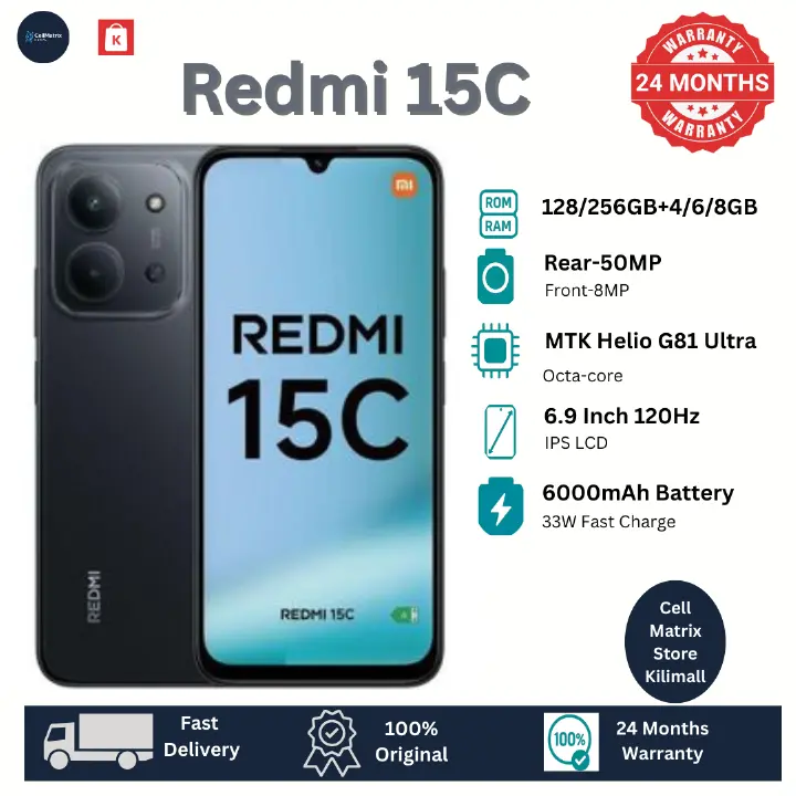 [New Arrival] Xiaomi Redmi 15C 128GB+8(4+4)GB 6.9" 120Hz IPS LCD Display 50MP Camera 6000mAh Battery 33W Hyper-Charge Gorilla Glass 3 Dual SIM IP64 MTK Helio G81 Ultra Android Smartphone