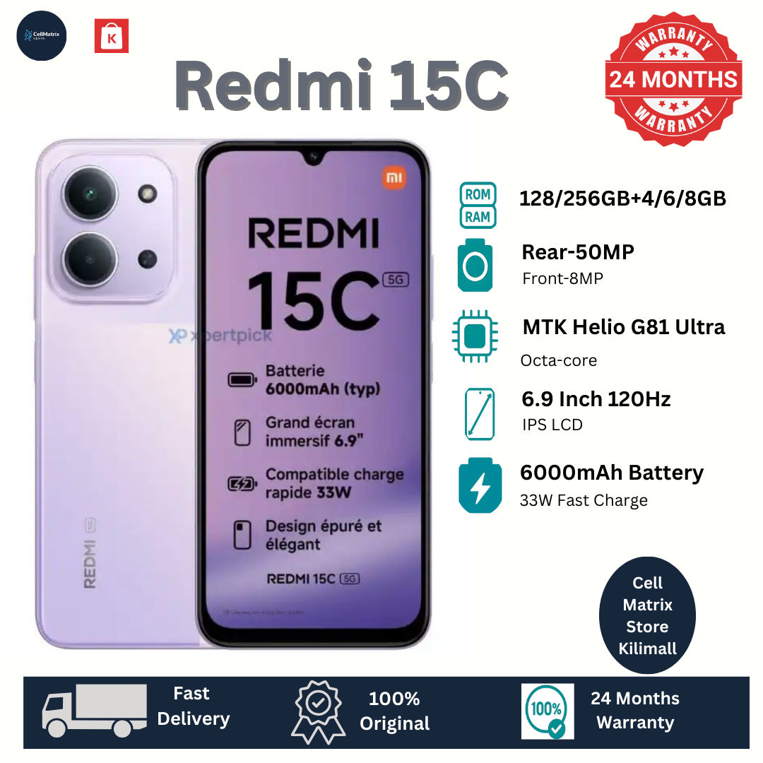 [New Arrival] Xiaomi Redmi 15C 128GB+8(4+4)GB 6.9" 120Hz IPS LCD Display 50MP Camera 6000mAh Battery 33W Hyper-Charge Gorilla Glass 3 Dual SIM IP64 MTK Helio G81 Ultra Android Smartphone