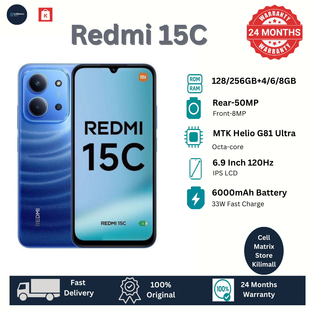[New Arrival] Xiaomi Redmi 15C 128GB+8(4+4)GB 6.9" 120Hz IPS LCD Display 50MP Camera 6000mAh Battery 33W Hyper-Charge Gorilla Glass 3 Dual SIM IP64 MTK Helio G81 Ultra Android Smartphone