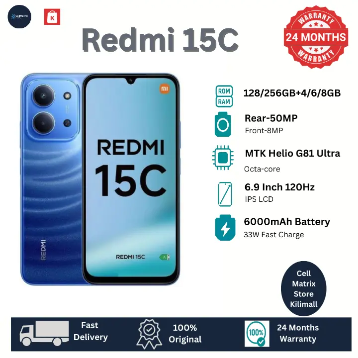 [New Arrival] Xiaomi Redmi 15C 128GB+8(4+4)GB  6.9" 120Hz IPS LCD Display 50MP Camera 6000mAh Battery 33W Hyper-Charge Gorilla Glass 3 Dual SIM IP64 MTK Helio G81 Ultra Android Smartphone