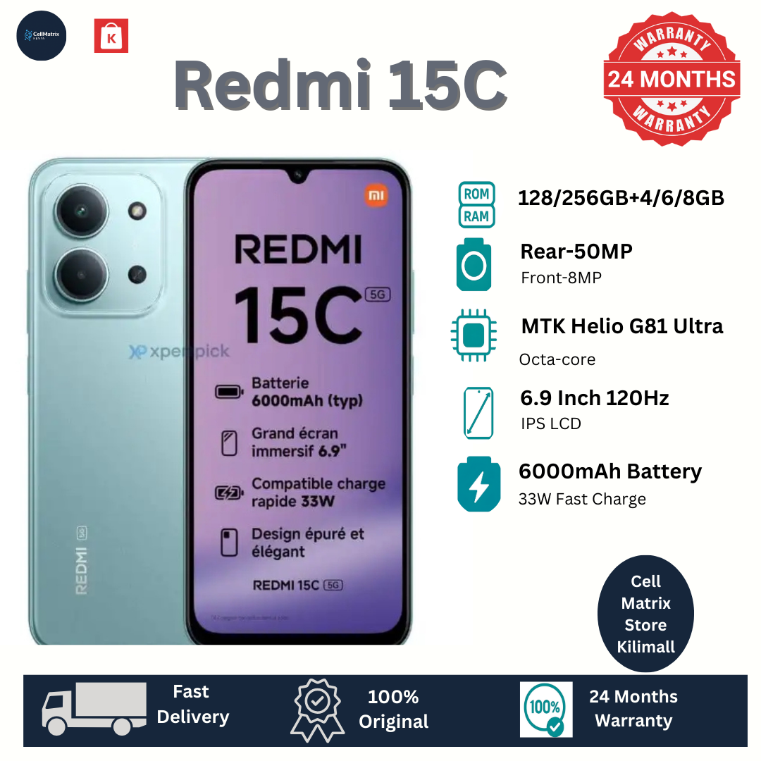 [New Arrival] Xiaomi Redmi 15C 128GB+8(4+4)GB 6.9" 120Hz IPS LCD Display 50MP Camera 6000mAh Battery 33W Hyper-Charge Gorilla Glass 3 Dual SIM IP64 MTK Helio G81 Ultra Android Smartphone