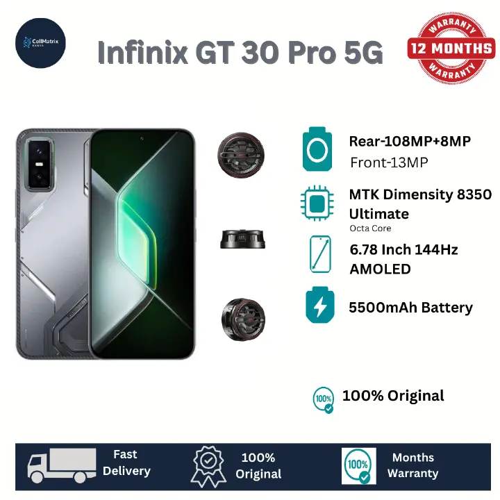 [New Arrival] Infinix GT 30 Pro 5G 256GB+12GB 6.78" 144Hz AMOLED Display 108MP Camera 5500mAh Battery 45W Super-Fast Charging 30W Wireless Dimensity 8350 Ultimate On-Screen Fingerprint AI Smartphone