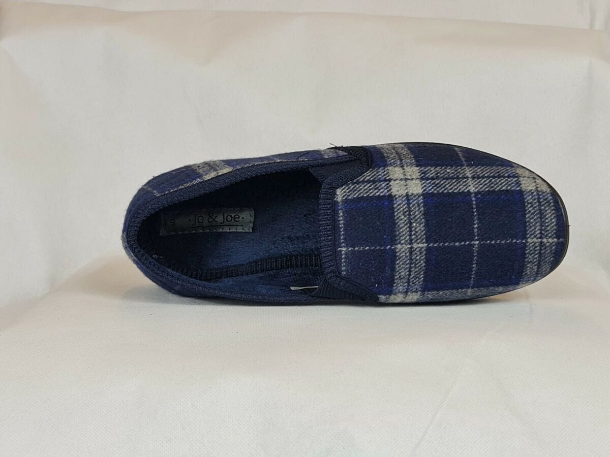 JO & JOE Men's Grey Patterned Full Back Slipper GEOFF, Warm Indoors Shoes,Slip On Mens Loafers, Navy Blue