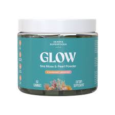 GLOW SEA MOSS AND PEARL POWDER GLOW GUMMIES,Dietary supplements for skin and beauty.
It has vitamin C,VITAMIN E and Aloe vera which intended to help with ski hydration ,collagen .60 capsules