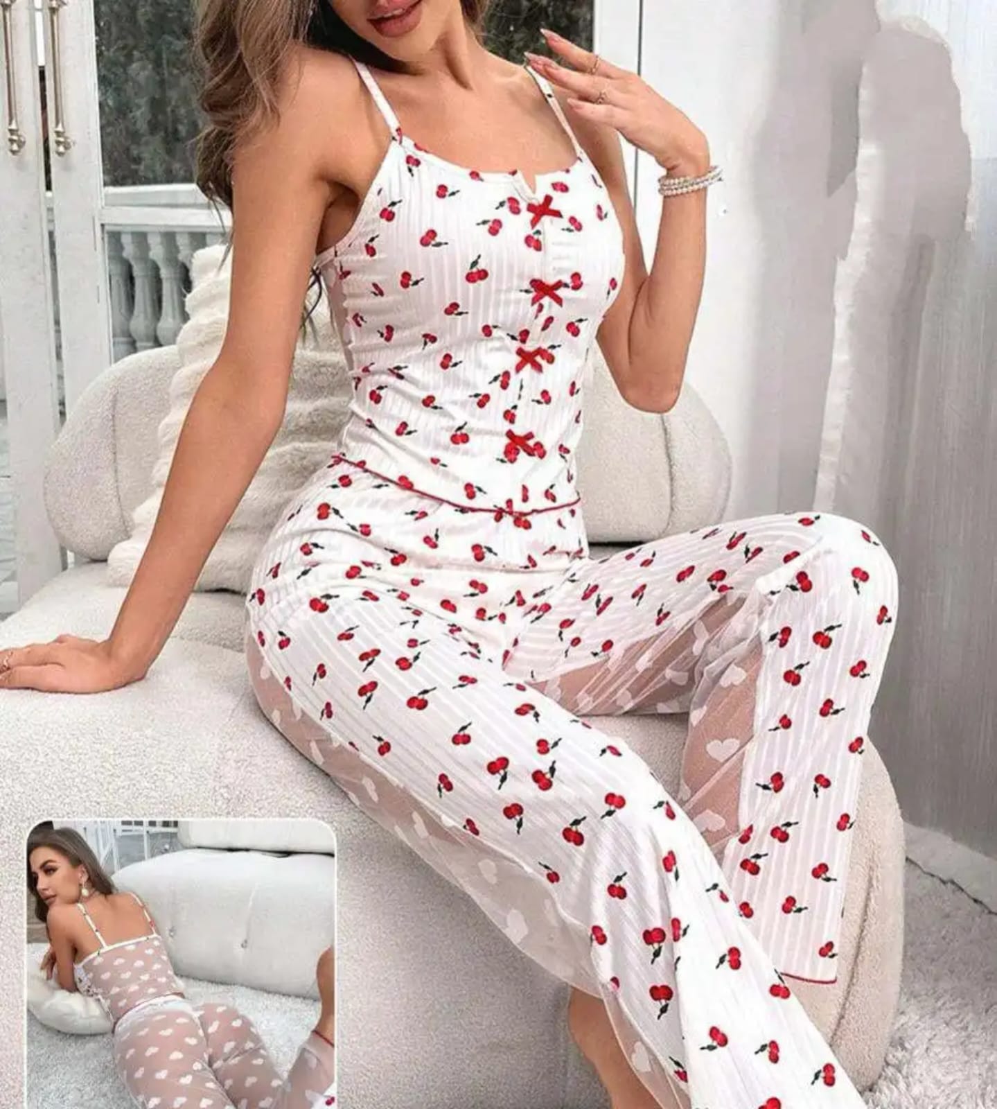 Women’s Heart Print Pajama Set – 2 Piece Sleepwear (Cami Top + Sheer Pants)
