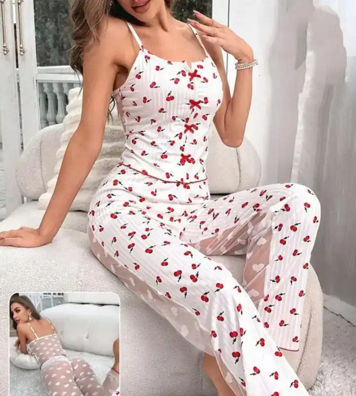 Women’s Heart Print Pajama Set – 2 Piece Sleepwear (Cami Top + Sheer Pants)