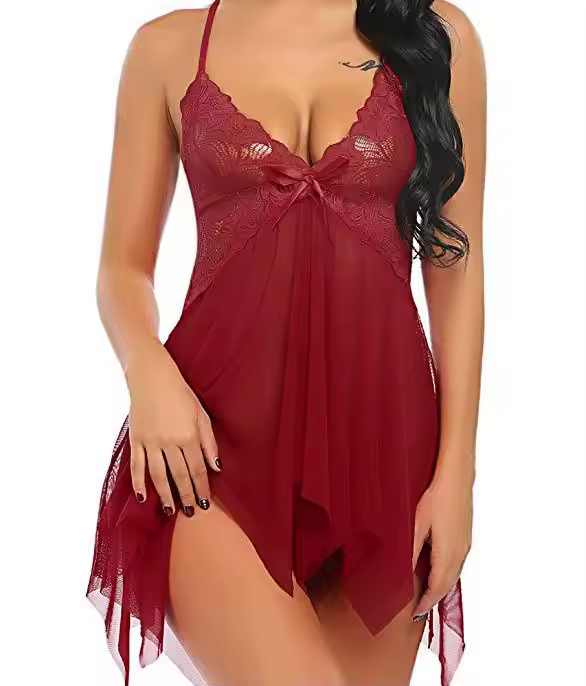Lace Sheer Babydoll Lingerie Set with Bow --Fall Sleep Wear Lady Nightwear Rayon Nighty Home Clothes Silk Pyjama Designer Inspired Pajama Satin Night Suit for Women