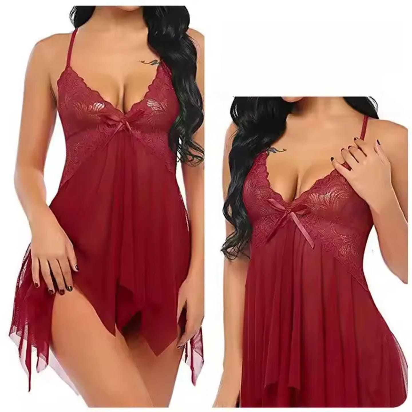 Lace Sheer Babydoll Lingerie Set with Bow --Fall Sleep Wear Lady Nightwear Rayon Nighty Home Clothes Silk Pyjama Designer Inspired Pajama Satin Night Suit for Women
