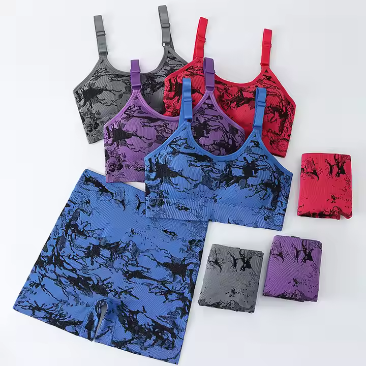 Abstract Tie-Dye Sports Set – Pink & Black  --Vibrant pink and black sports set with scoop-neck bra and high-rise shorts. Stretchy, supportive, and perfect for active or casual wear.