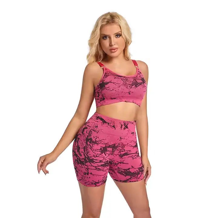 Abstract Tie-Dye Sports Set – Pink & Black  --Vibrant pink and black sports set with scoop-neck bra and high-rise shorts. Stretchy, supportive, and perfect for active or casual wear.