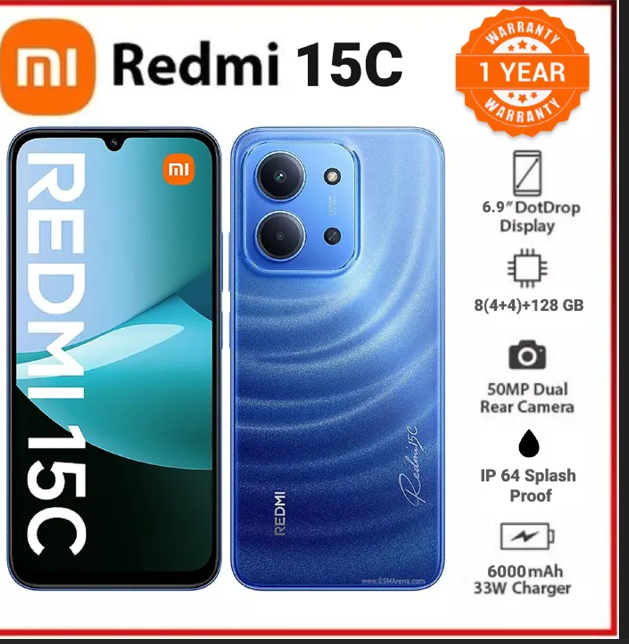 [New Arrival] Xiaomi Redmi 15C UPTO 8GB (4+4) +128GB 6.9" 120Hz IPS LCD Display 50MP Camera 6000mAh Battery 33W Hyper-Charge Gorilla Glass 3 Dual SIM IP64 MTK Helio G81 Ultra Android Smartphone 50MP