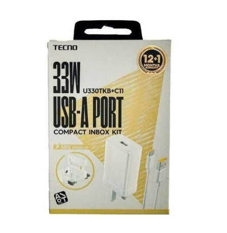 TECNO FAST CHARGER Tecno U330TKB+C11 3x Faster 33W Fast Charger with Type-C Cable 100-240V