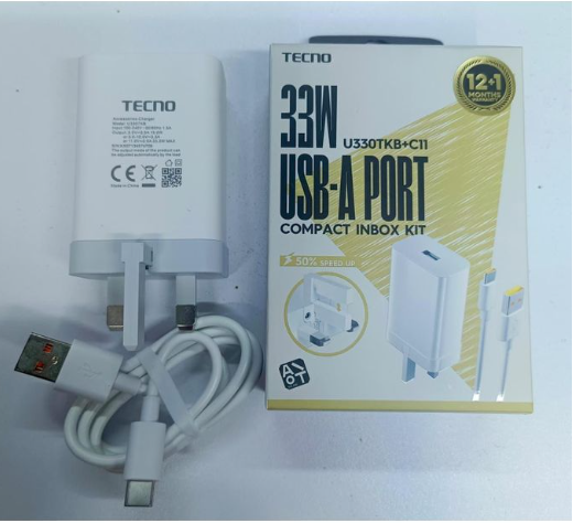 TECNO FAST CHARGER Tecno U330TKB+C11 3x Faster 33W Fast Charger with Type-C Cable 100-240V