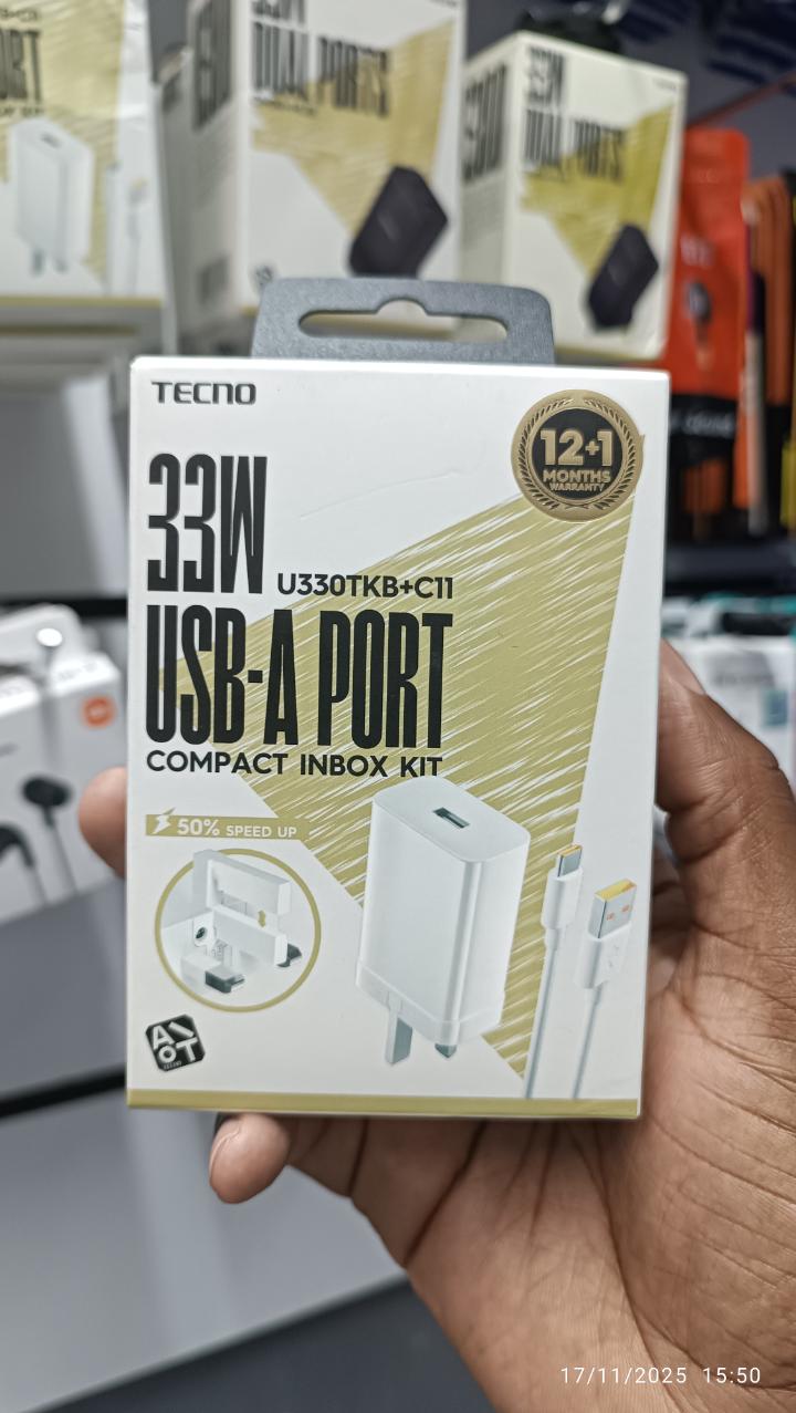 TECNO FAST CHARGER Tecno U330TKB+C11 3x Faster 33W Fast Charger with Type-C Cable 100-240V
